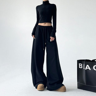 今年流行显瘦运动休闲裤 街头直筒阔腿裤 女秋冬美式 韩舞团黑色卫裤