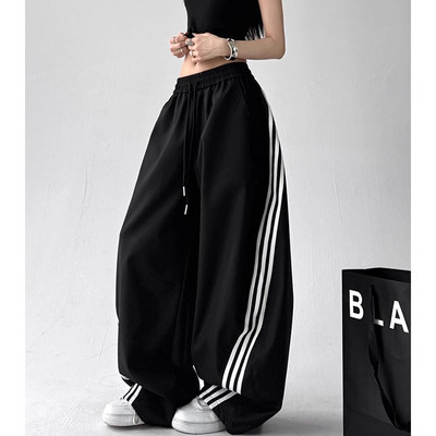 韩舞团春季新款美式复古三条杠弯刀休闲裤女宽松显瘦高腰运动阔腿