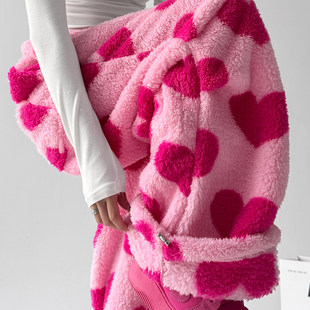 宽松街头加厚摇粒绒家居长裤 韩舞团粉色爱心印花休闲裤 2026冬美式