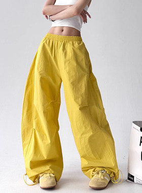 韩舞团黄色工装裤女夏季薄款辣妹美式直筒阔腿裤速干户外休闲运动
