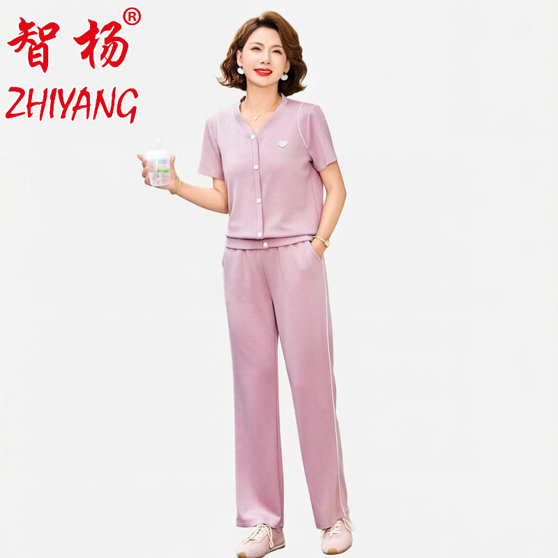 夏季新款V领短袖妈妈运动套装