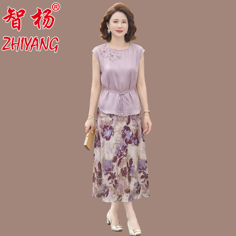 中老年女装时尚夏季款短袖t恤阔太太套装妈妈装洋气质两件套显瘦