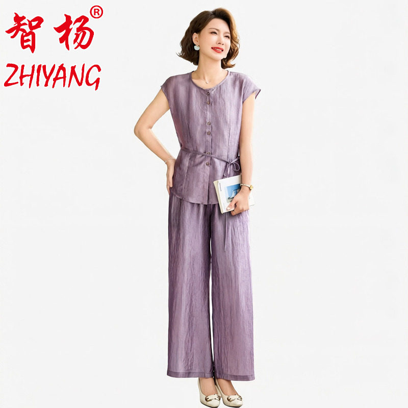 妈妈夏装短袖t恤阔腿裤两件套中老年女装上衣显瘦减龄气质套装季