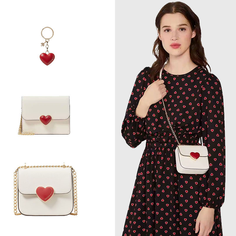 kate spade 2024情人节限定款爱心白色链条包包挂钥匙扣零钱包KS