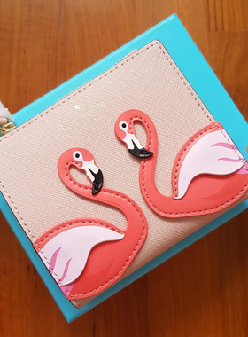 Kate Spade一对火烈鸟粉色短款钱包零钱包拉链对折可装百元大钞KS