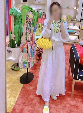 kate spade柠檬绿叶刺绣花圆领衬衫裙白色长款连衣裙流苏细带仙气