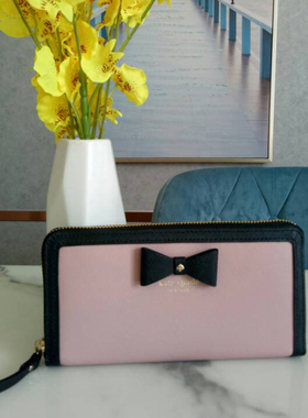 KS现货 Kate Spade蝴蝶结粉色十字纹真皮短款/长款钱包钱夹黑白拼