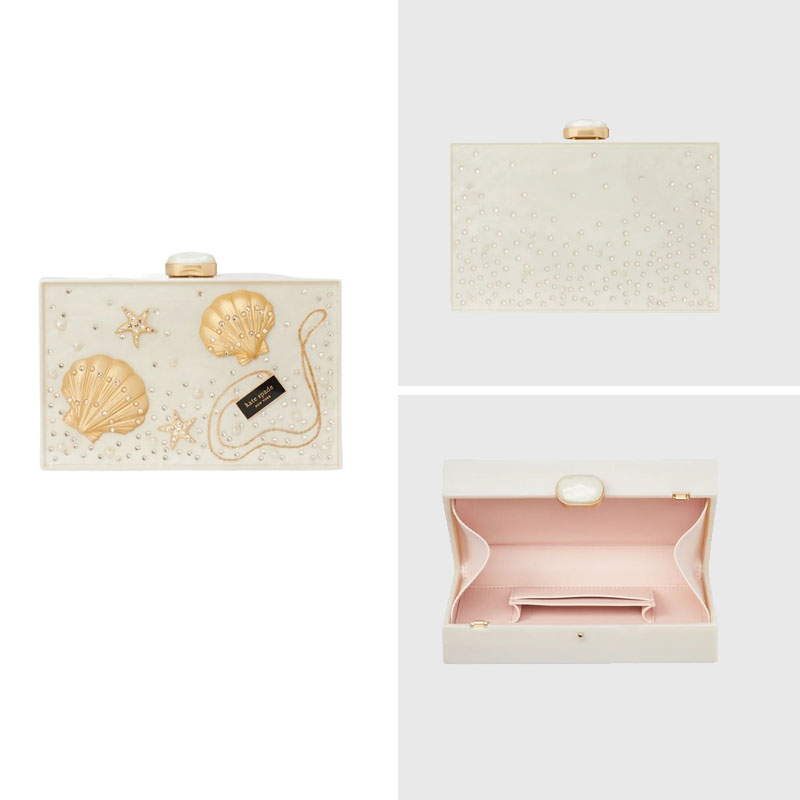 Kate spade 2023新款金色贝壳珍珠水钻手拿晚宴包白色婚礼手包KS
