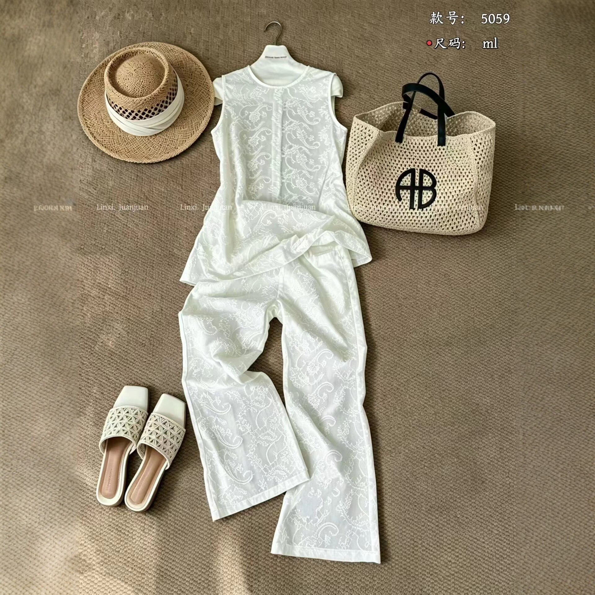 Linxi·Juanjuan两件套无袖薄上衣+微喇叭中裤减龄女人味蕾丝套装