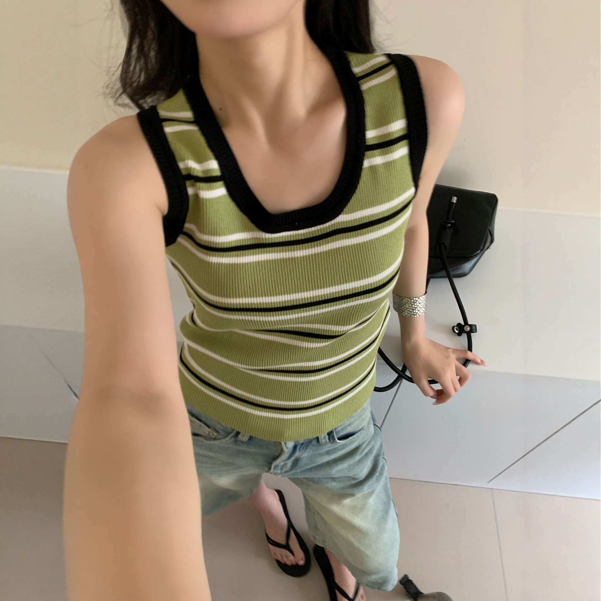 韩系圆领条纹针织吊带背心女无袖套头修身小众上衣透气夏季新2026