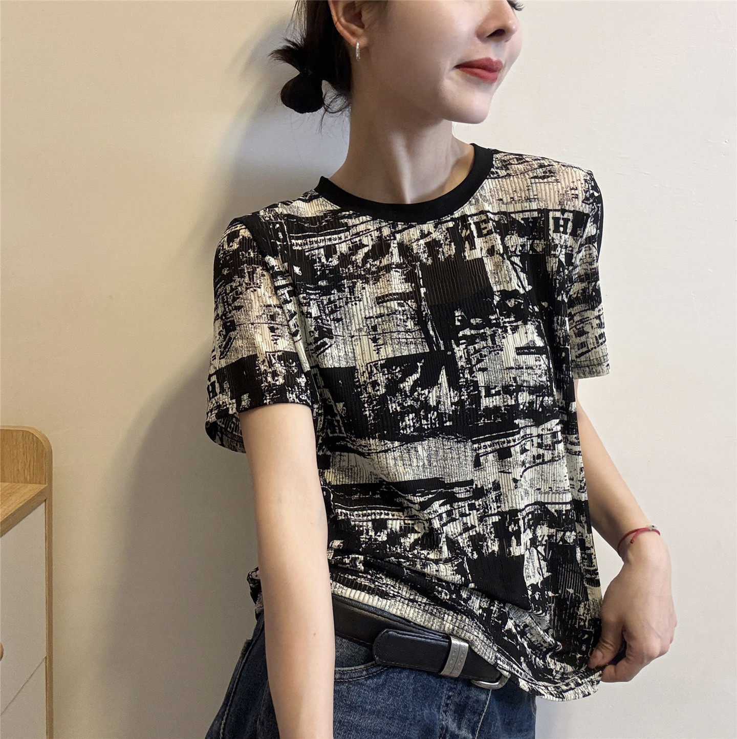 欧美风圆领复古风撞色印花短袖T恤女宽松显瘦百搭减龄上衣体恤衫t