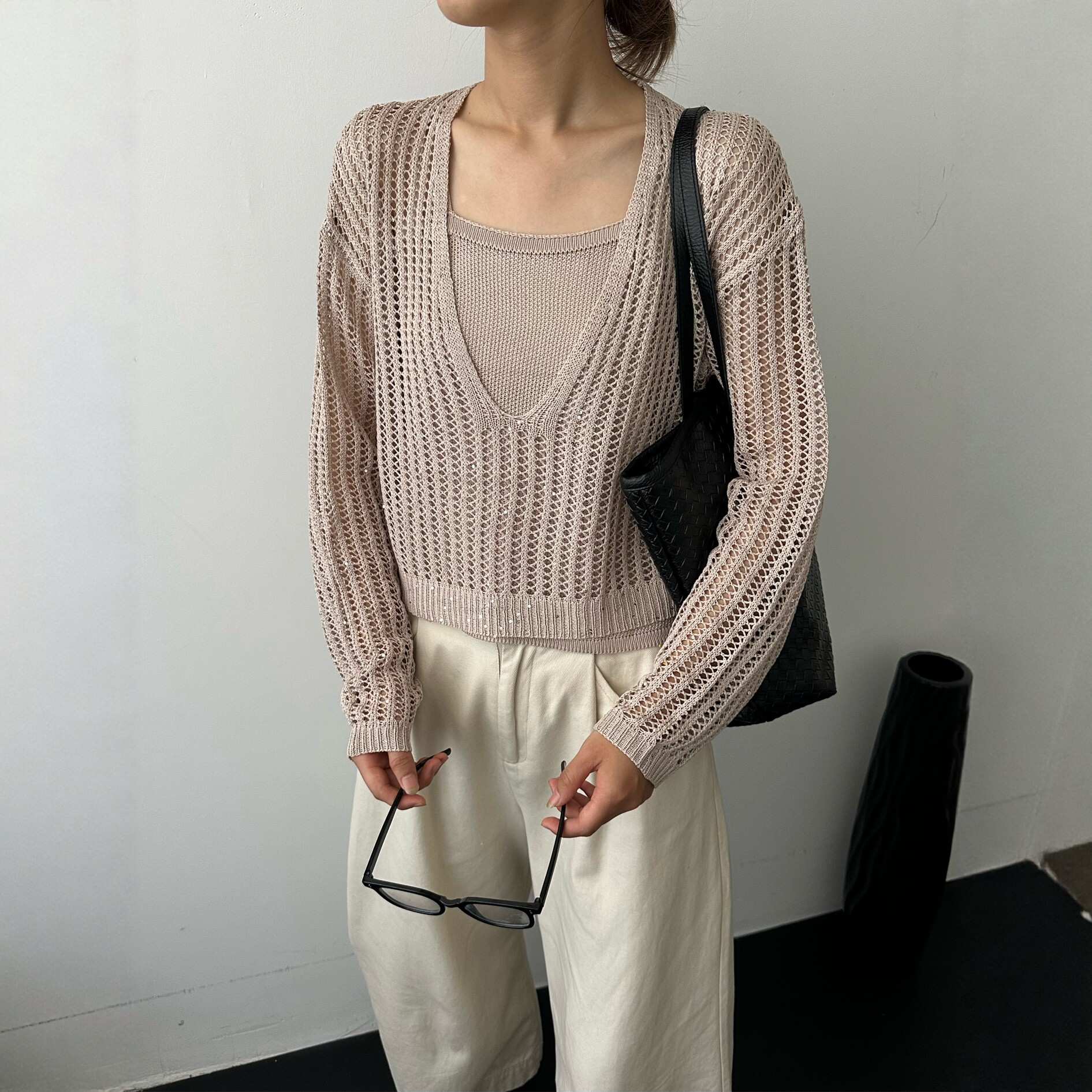 两件套镂空V领针织衫女长袖细吊带叠穿小个子减龄上衣早秋新款韩c