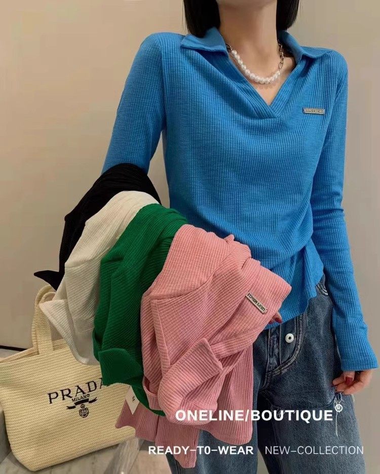 翻领V领套头螺纹洋气纯色T恤体恤衫显瘦长袖修身显瘦上衣女潮爆款