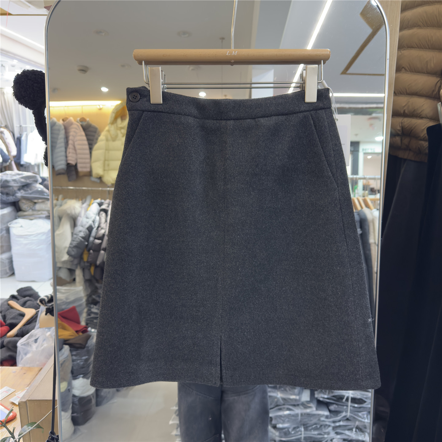 韩版高腰毛呢半身裙女百搭气质A字中裙灰色简约前开叉包臀裙女潮c