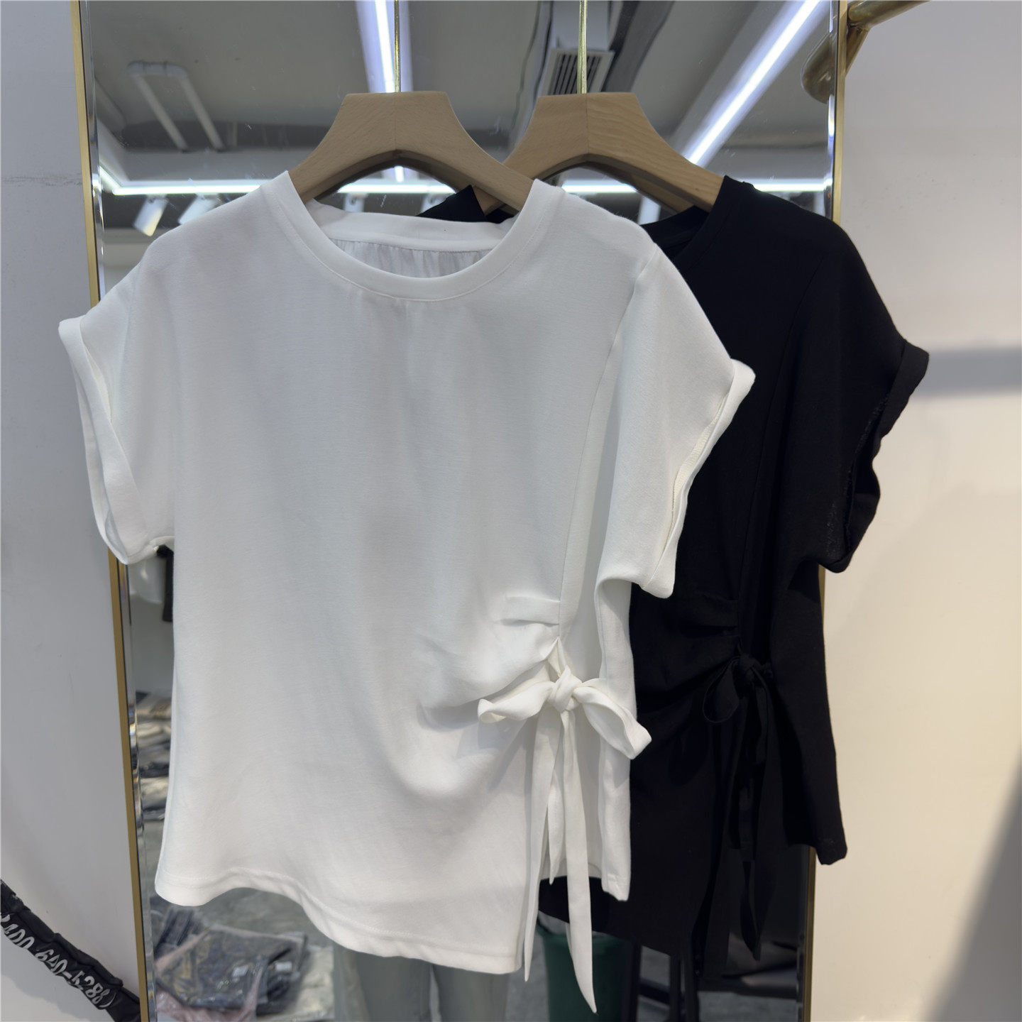 欧货品质设计感侧边系带短袖T恤体恤衫宽松纯色显瘦女夏百搭开叉t