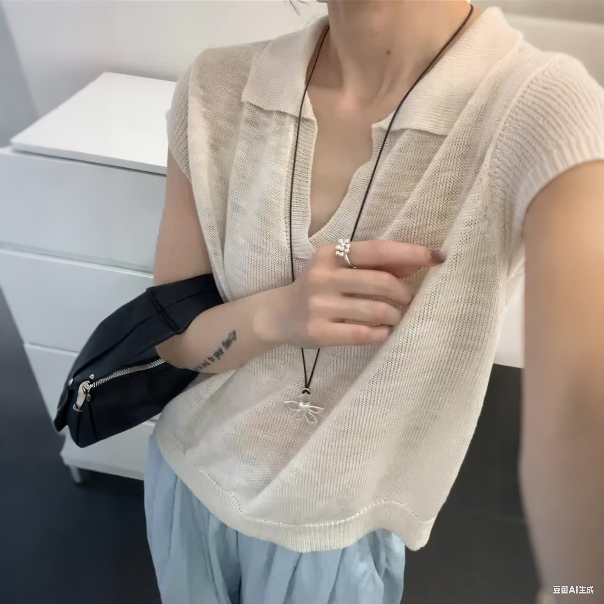 缤典正品针织衫女短袖上衣翻领V领套头薄款透气显瘦减龄欧洲站夏