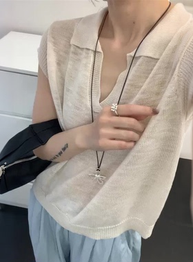 缤典正品针织衫女短袖上衣翻领V领套头薄款透气显瘦减龄欧洲站夏