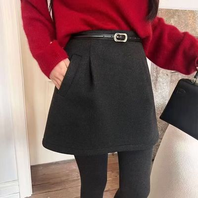 毛呢半身裙女2025冬装韩系百搭气质A字短裙深灰色气质显瘦女韩版c