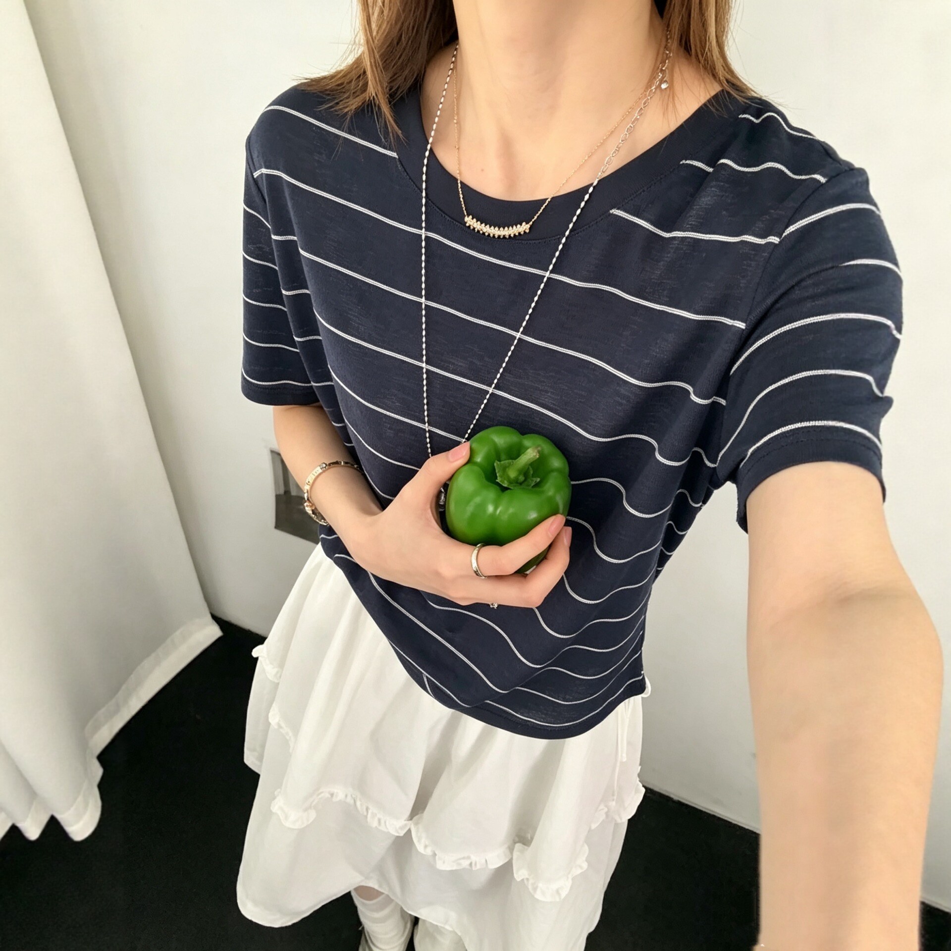 欧洲站简约简约条纹短袖T恤女夏薄款宽松休闲百搭透气穿搭潮t2026