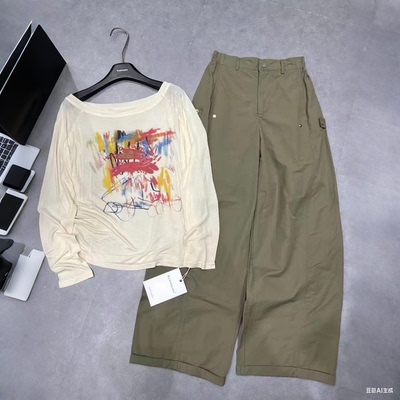 BSMD正品两件套女一字肩彩色涂鸦防晒衣薄T恤+休闲工装长裤套装夏