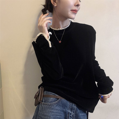 欧洲站蕾丝花边拼接丝绒T恤体恤衫打底衫黑色百搭显瘦内搭上衣女t