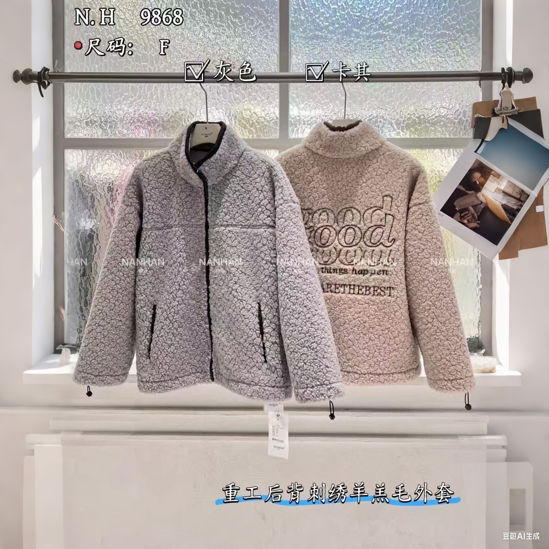 NANHAN正品羊羔毛外套后背刺绣字母宽松休闲大版减龄显瘦拉链开衫