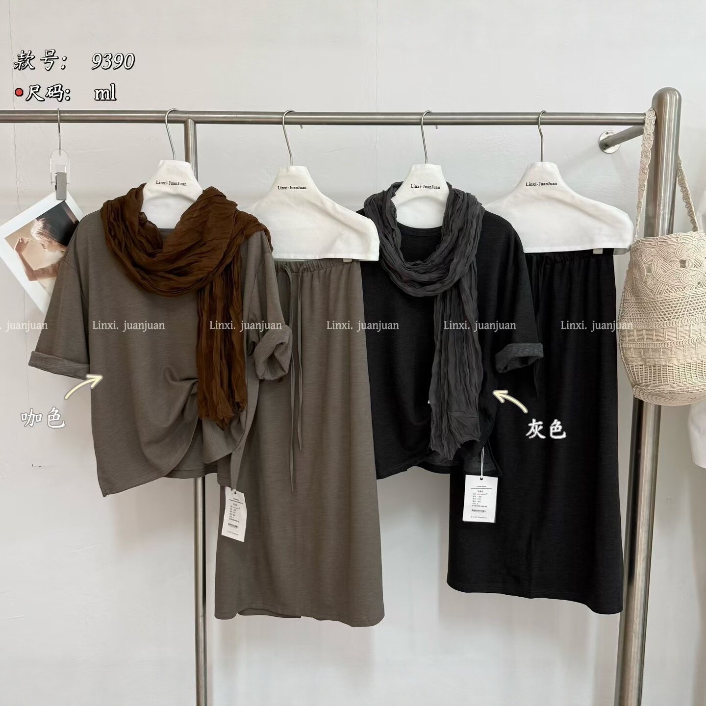 LinxiJuanjuan三件套短袖纯色大版T恤+半身长裙+围巾休闲减龄套装