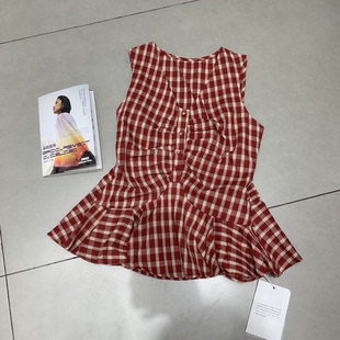 無袖 女V領(lǐng)紐扣氣質(zhì)女人味減齡顯瘦套頭襯衣合身薄 襯衫 格子娃娃款