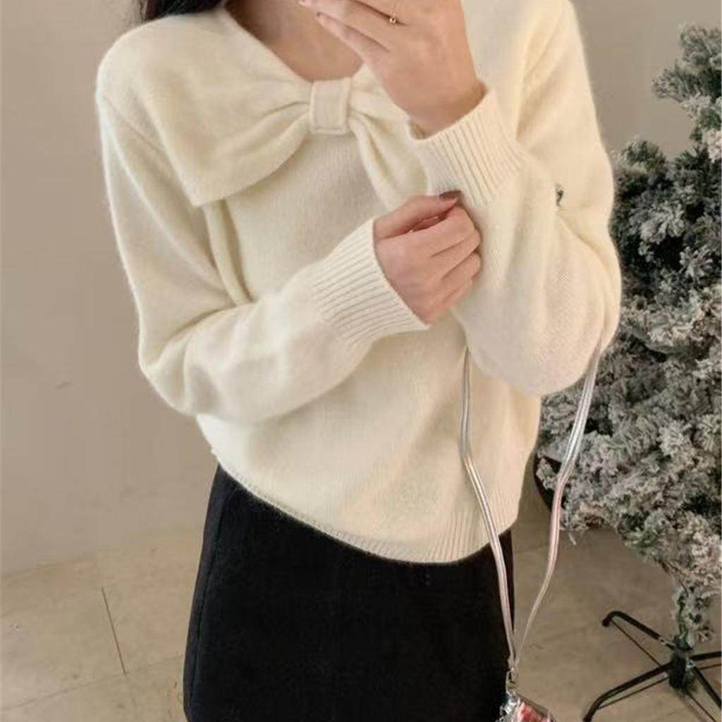 甜美可爱蝴蝶结设计蜜熊绒毛衣女长袖柔软舒适针织衫女洋气百搭韩