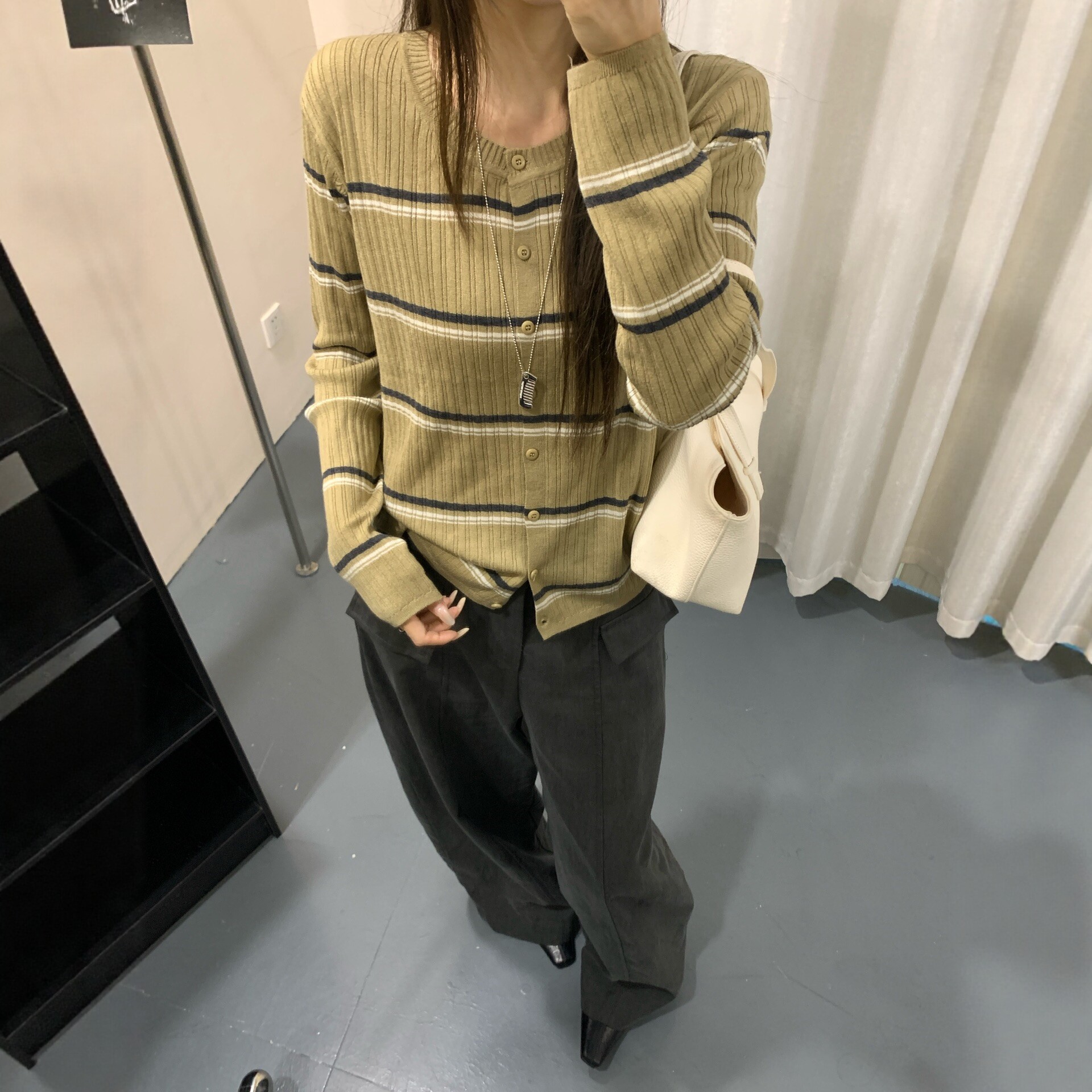 韩版撞色条纹针织开衫女长袖圆领修身显瘦设计感弹力外套小衫秋季
