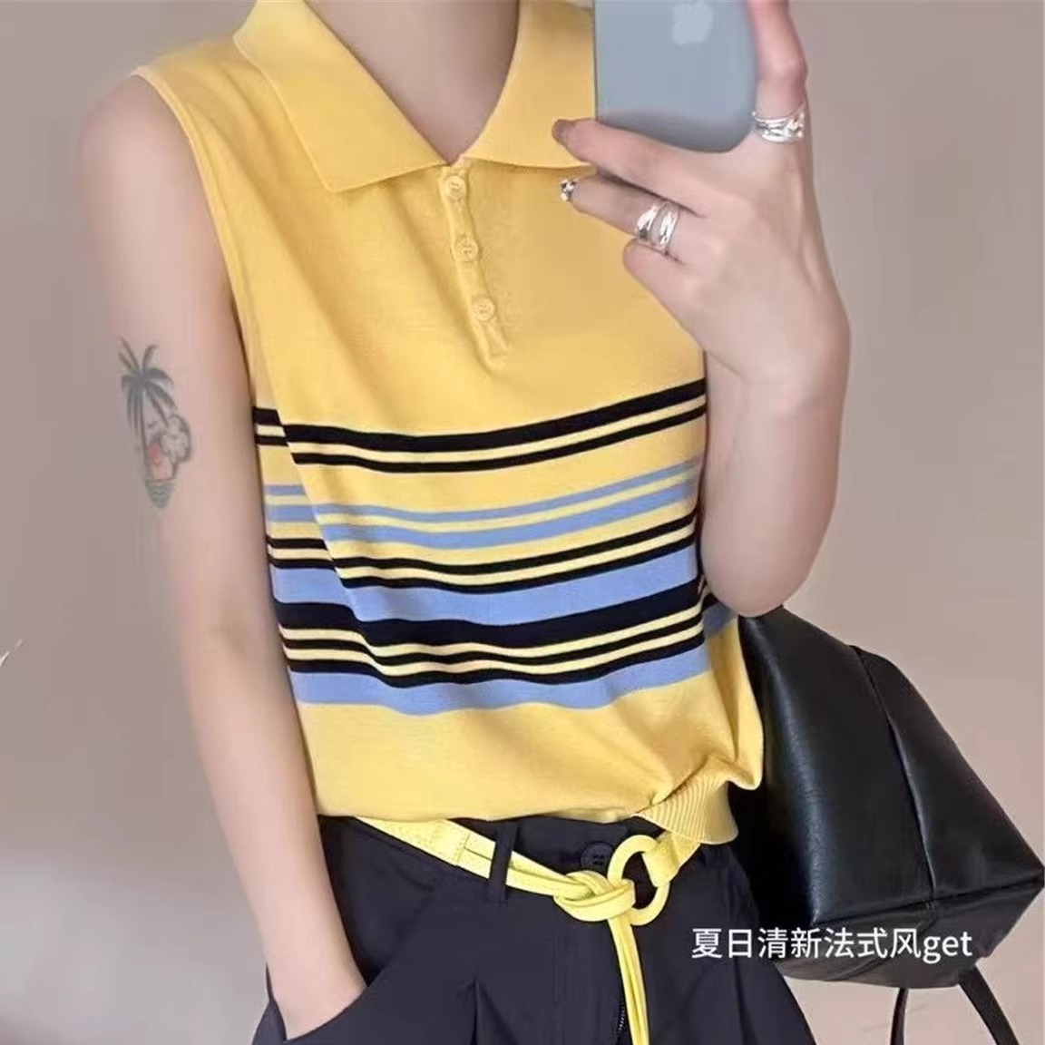 翻领无袖针织衫女撞色条纹薄款透气上衣夏季新款polo领套头背心潮