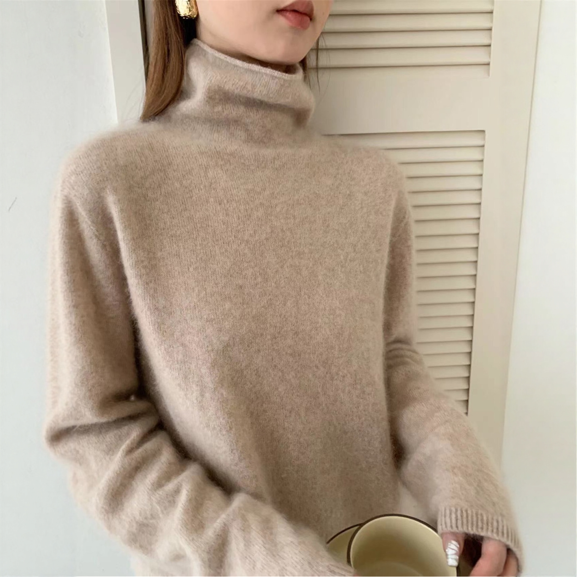 欧洲站纯色极简风高领羊毛拉毛衫女宽松显瘦套头高领毛衣打底衫女
