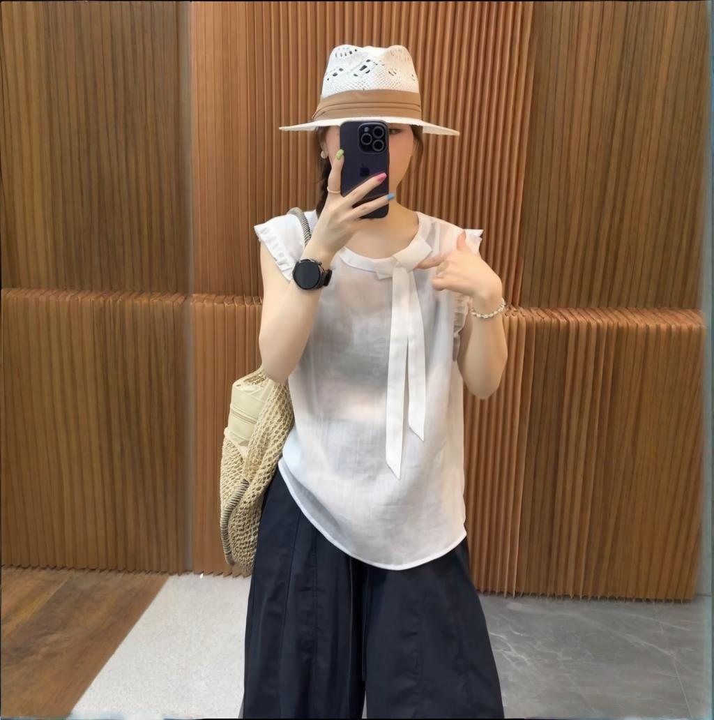 花边薄衬衫女蝴蝶结气质减龄女人味甜美显瘦梦幻透视衬衣纯色麻料