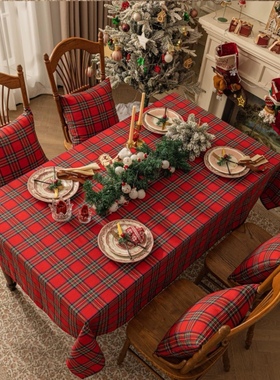 MerryChristmas大红色格子圣诞红格子桌布甜品台餐桌布宴会布置
