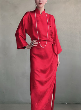 中国风旗袍真丝花罗蝴蝶结轻礼服