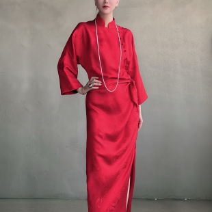 缓圆独家小众精致新中式 旗袍裙连衣裙礼服晨袍 红色真丝花罗九分袖