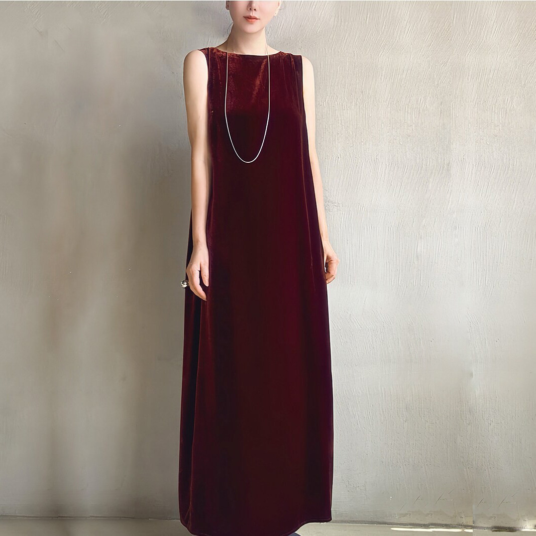 缓圆原创2024秋季优雅桑蚕丝绒一字领无袖长裙轻礼服气质女连衣裙