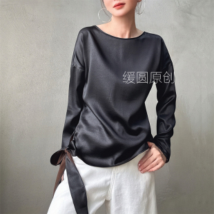 缓圆原创25秋季 通勤度假 香云纱圆领套头露背打结显瘦防晒上衣衬衫