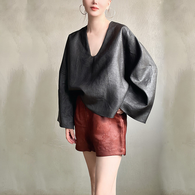 香云纱上衣缓圆露背V领宽袖原创