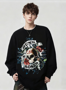 Guns n' roses乐队周边骷髅头印花长袖T恤男款纯棉百搭上衣春秋冬