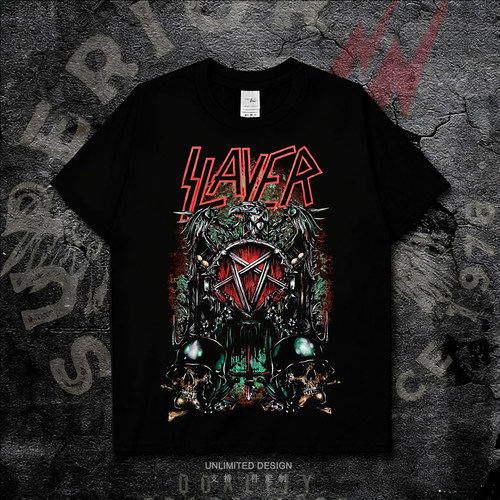 Slayer乐队欧美激流金属街舞骷髅印花纯棉短袖T恤男女款宽松夏季