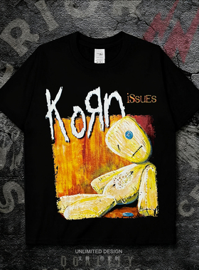 Korn科恩乐队复古摇滚风短袖T恤男女款黑色印花vintage潮牌纯棉夏