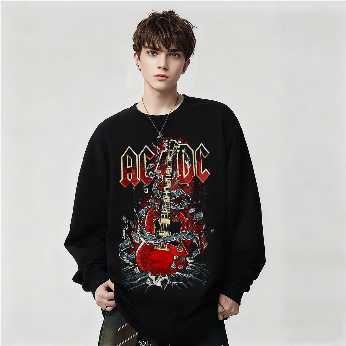 AC/DC乐队欧美重金属摇滚印花长袖T恤男女款宽松纯棉上衣打底秋冬
