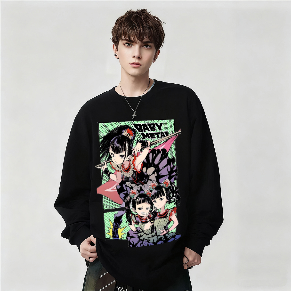 日系baby金属乐队二次元动漫周边印花长袖T恤男女摇滚黑色上衣