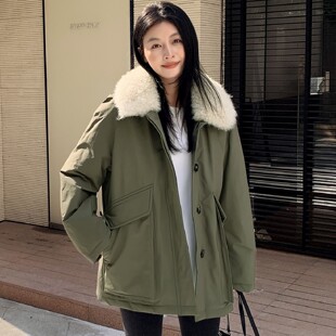 羊羔毛领工装羽绒服女中长款2025冬新款宽松加厚派克服白鸭绒外套