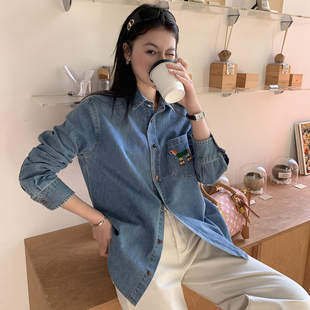 马年刺绣牛仔长袖衬衫女春26新款高级设计感小众宽松休闲叠穿上衣