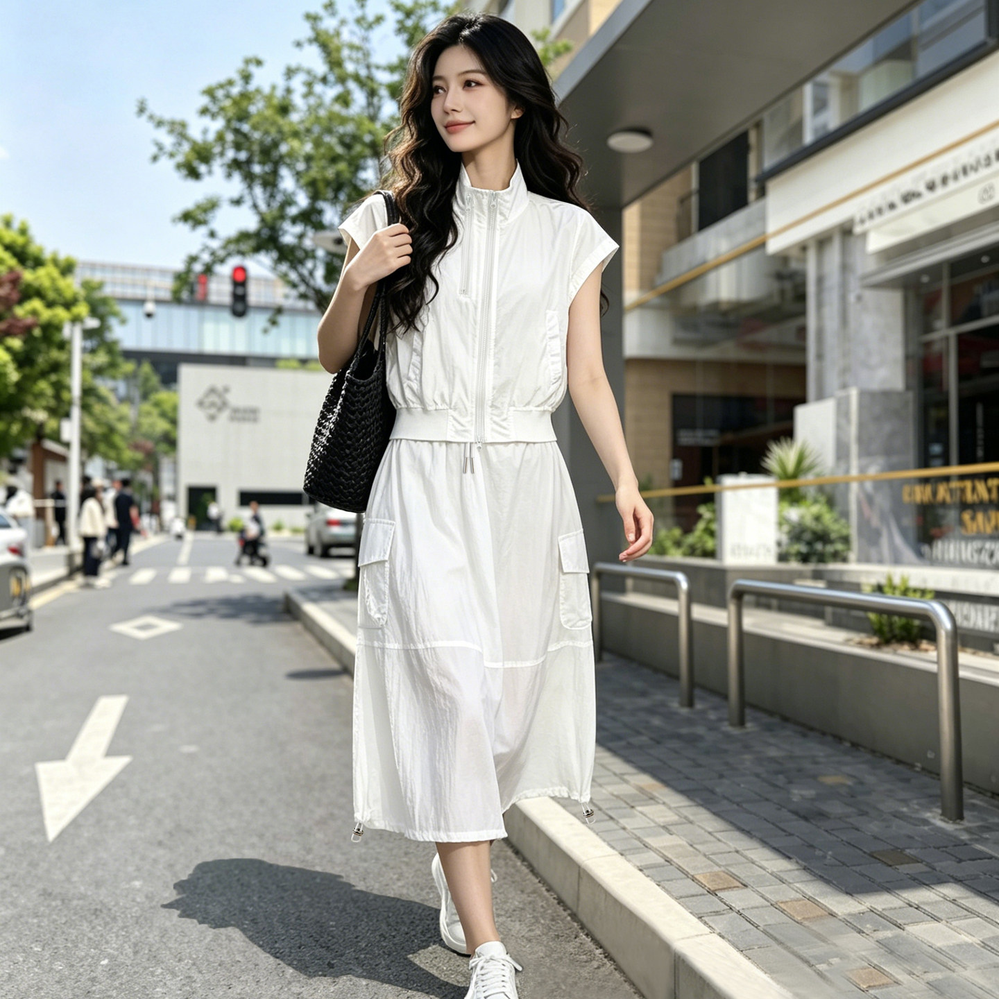 工装立领短袖外套上衣半身长裙两件套女夏季宽松运动休闲时尚套装
