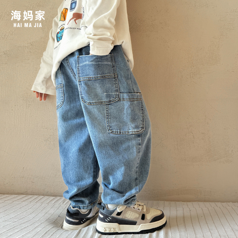 海妈家2025男童春秋新款大口袋潮范牛仔裤子儿童韩版童装长裤
