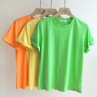子翻边短袖 T恤女HUMU极简纯色小圆领袖 t小宽松2071 第二件半价