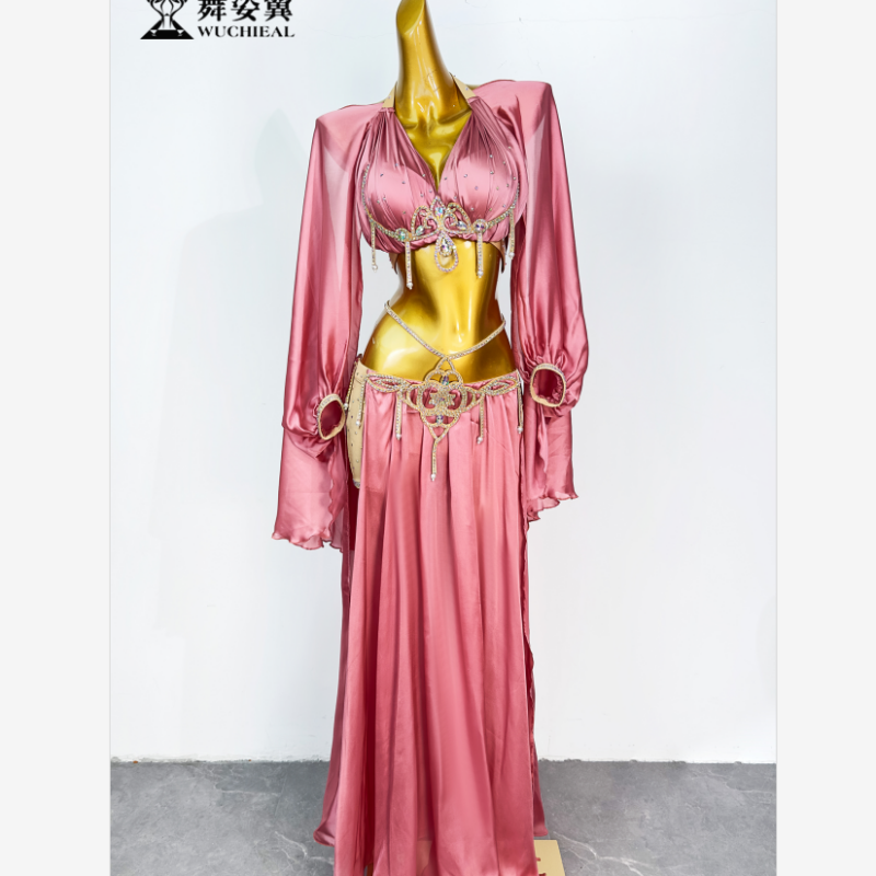 舞姿翼肚皮舞表演出服装女2022新款镶钻文胸长裙套装豆沙粉女3205
